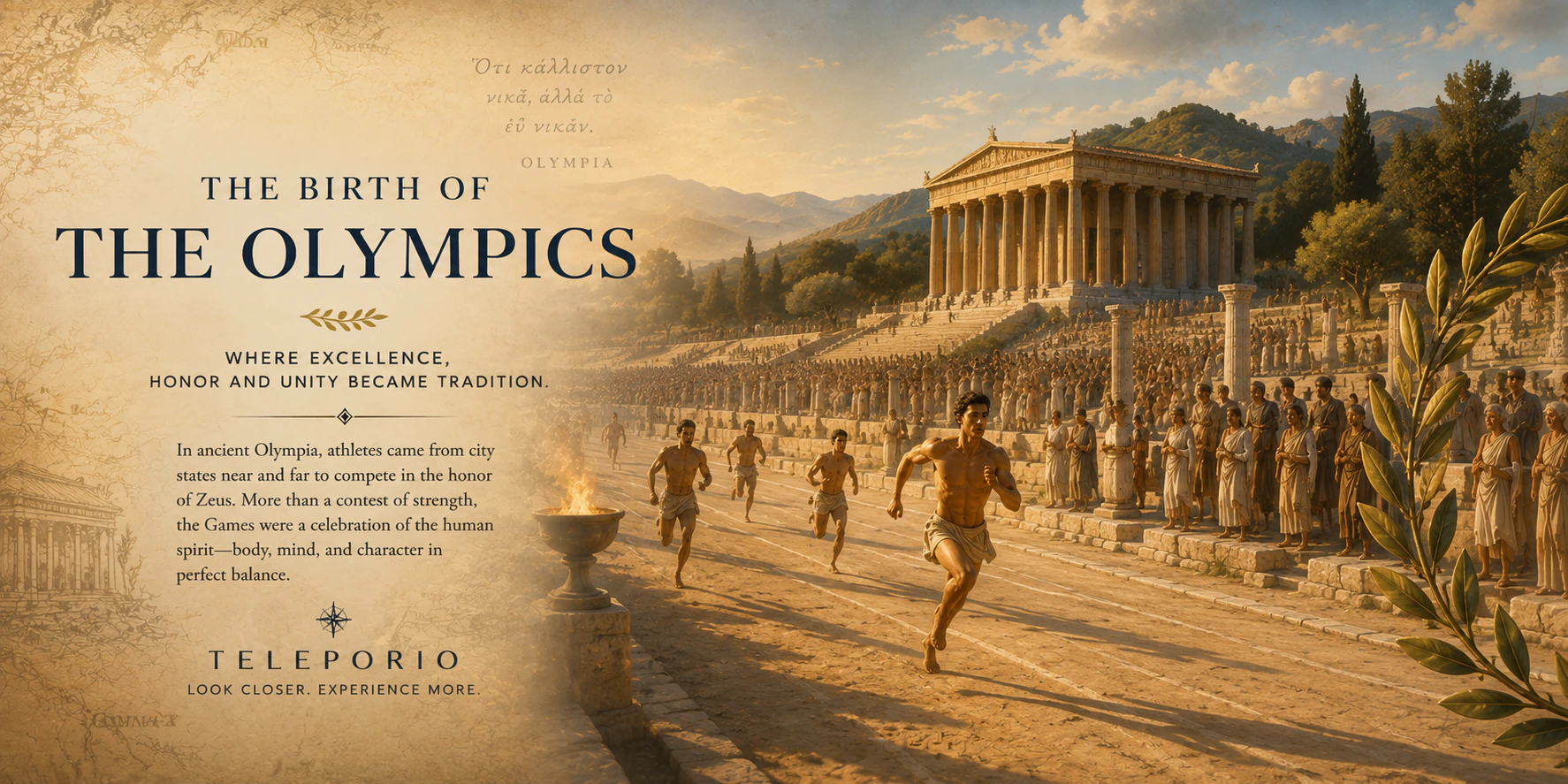 Original Teleporio editorial artwork about the ancient Olympic Games and their Greek origin