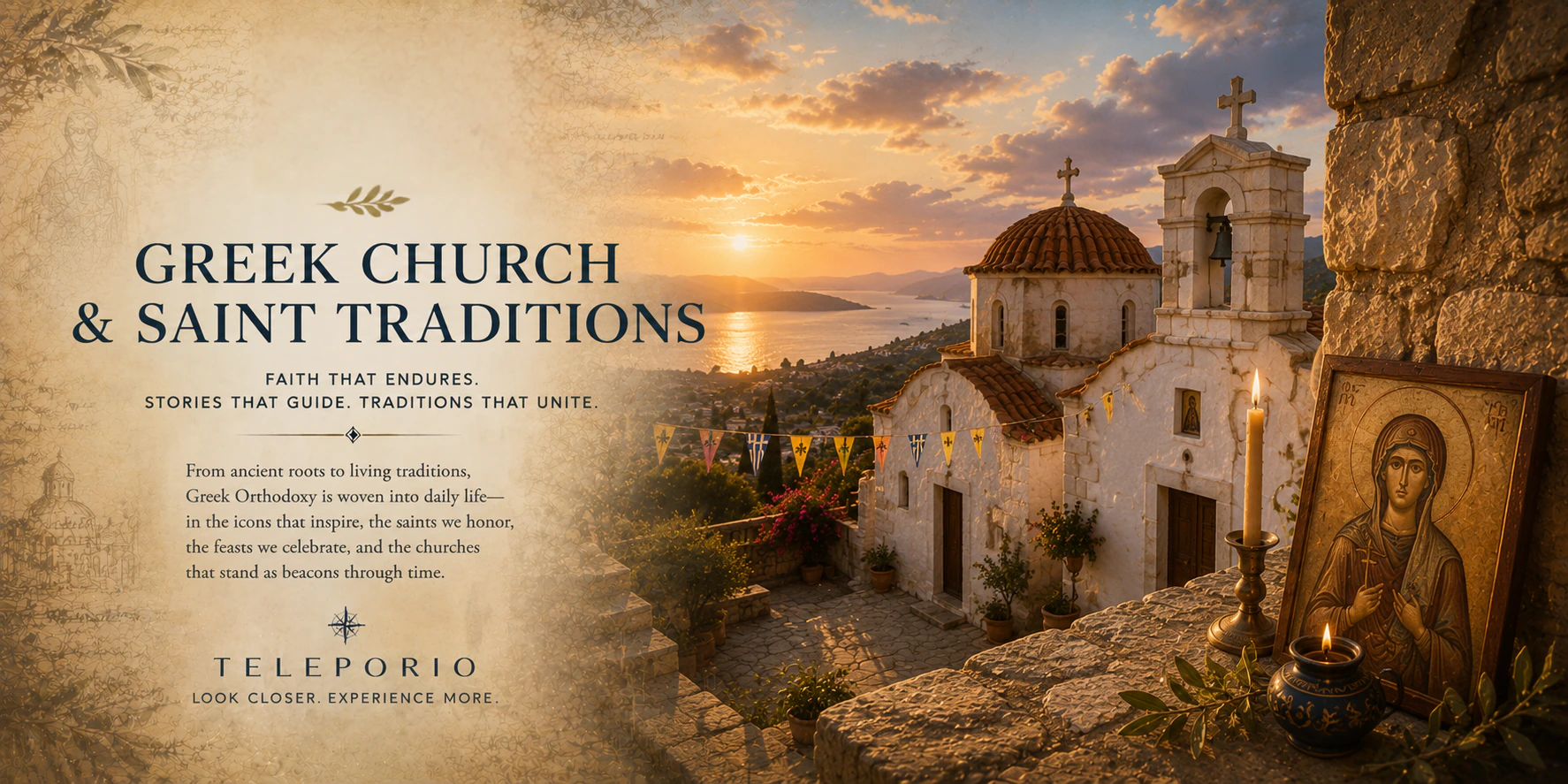Original Teleporio editorial artwork about Greek churches, saints, and living traditions