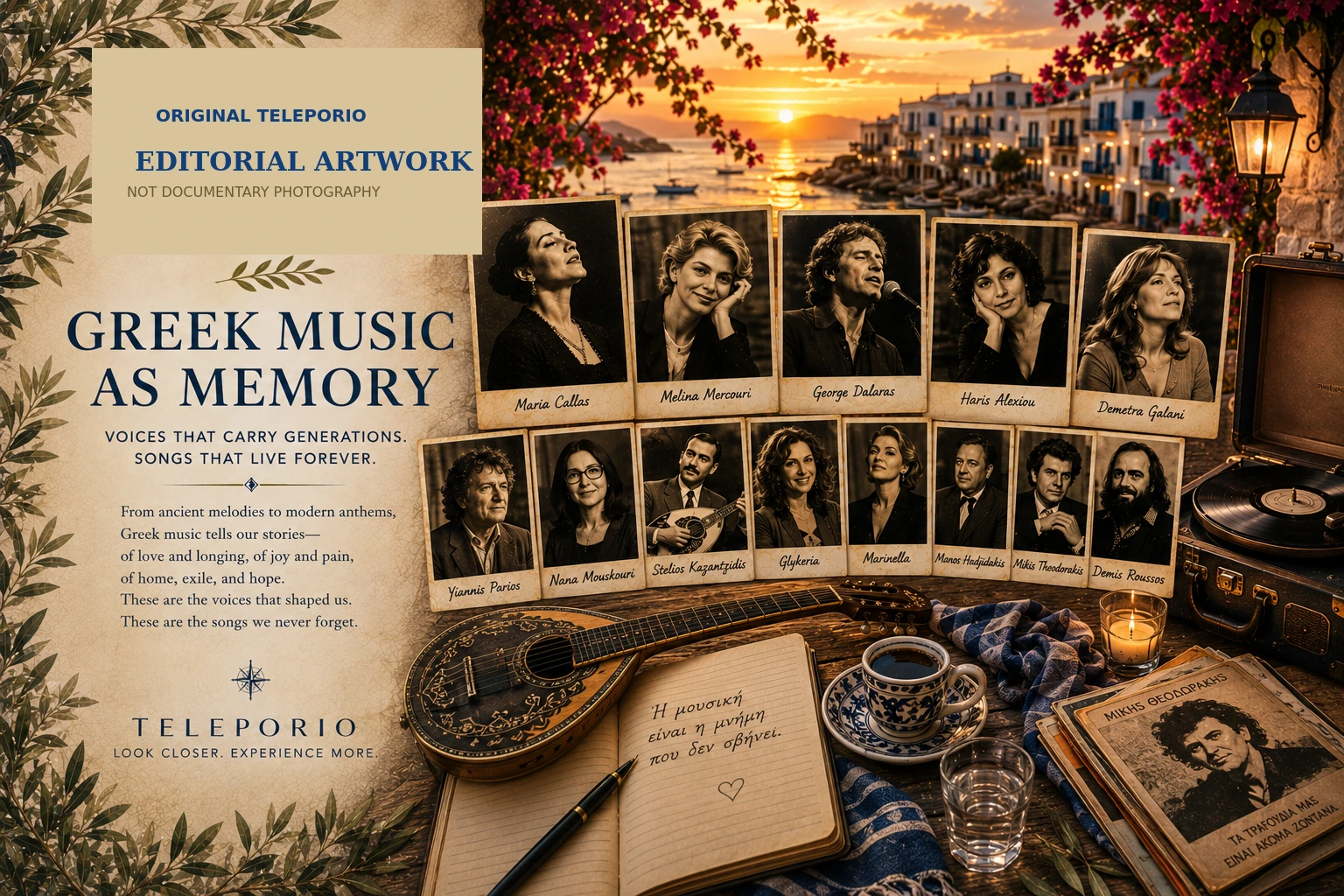 Original Teleporio editorial artwork about Greek music and memory, with Maria Callas, Melina Mercouri, Yiannis Parios, Haris Alexiou, Nana Mouskouri, Demetra Galani, Marinella, Glykeria, George Dalaras, Stelios Kazantzidis, Mikis Theodorakis, Manos Hadjidakis, and Demis Roussos