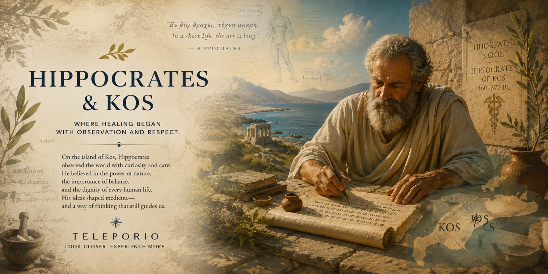 Imagined original Teleporio editorial artwork connecting Hippocrates, medicine, and the island of Kos; not a documentary portrait