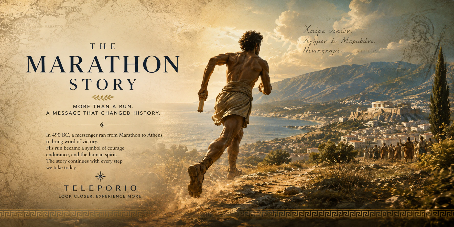 Original Teleporio editorial artwork exploring the Marathon story and its connection to endurance, Greece, and the sea