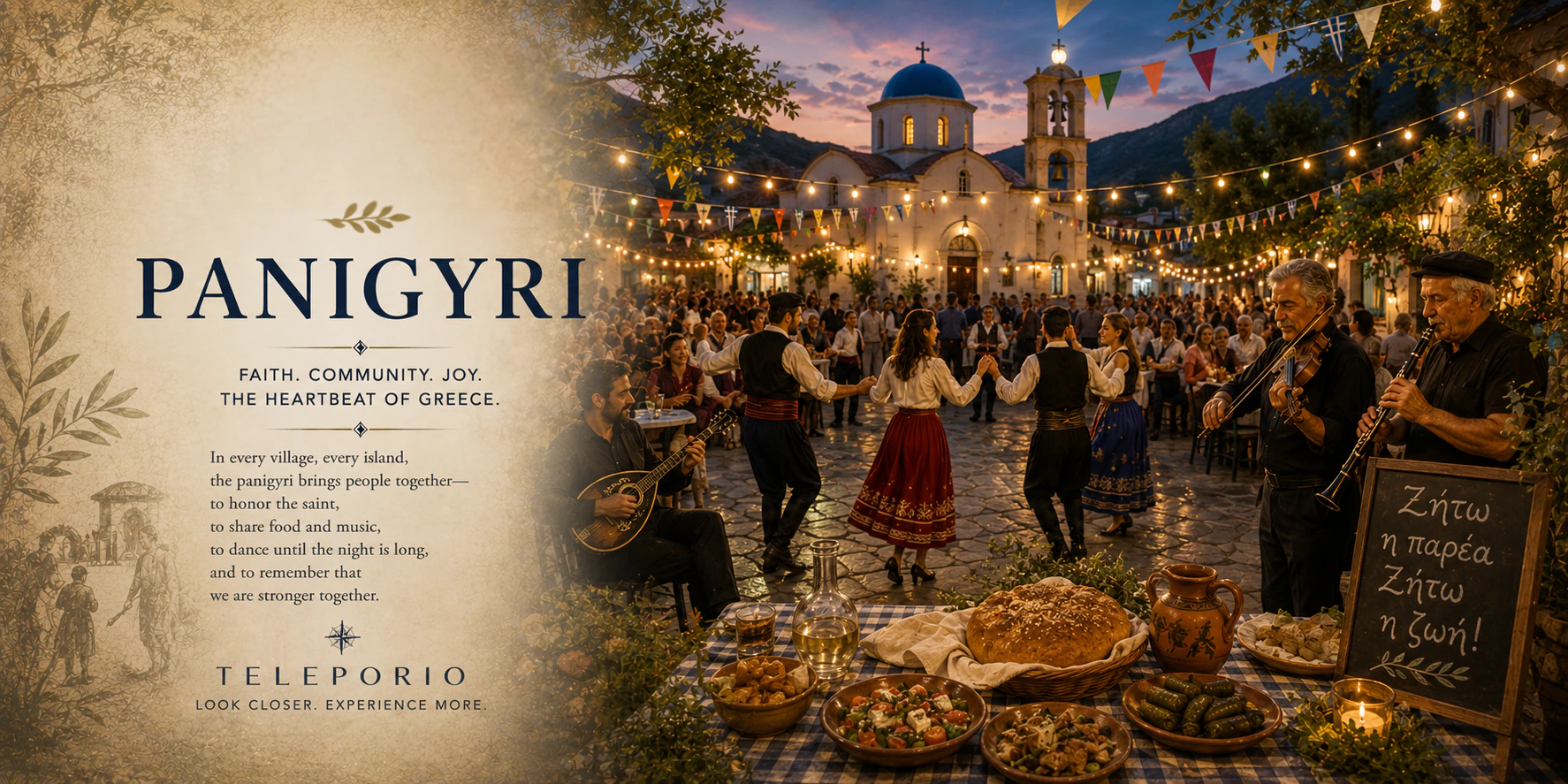 Original Teleporio editorial artwork about a Greek panigyri, village celebration, music, food, and community