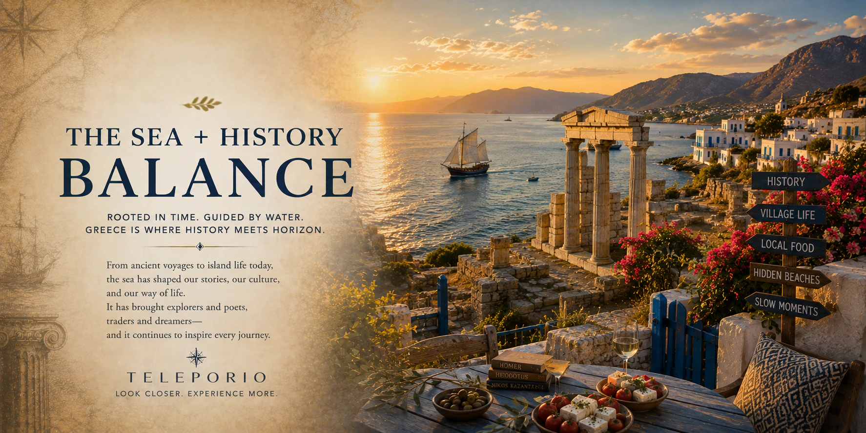 Original Teleporio editorial artwork balancing Greece's sea routes, history, and living places