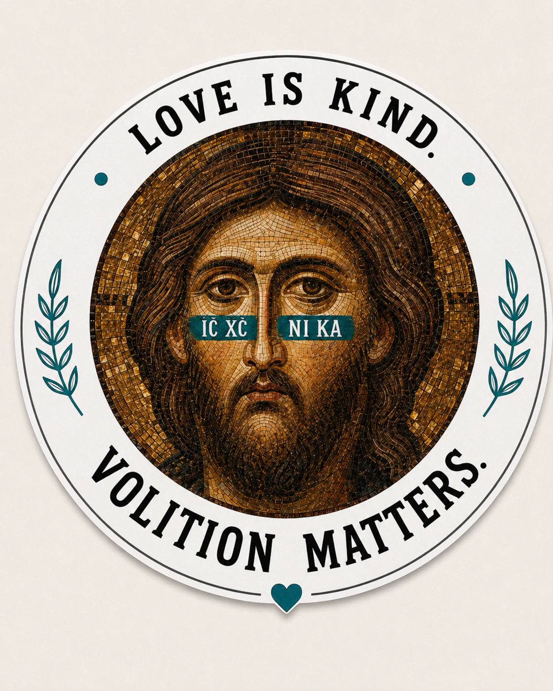 Original Teleporio editorial artwork depicting a mosaic-style Christ image with the words Love is kind. Volition matters.; not a documentary religious image